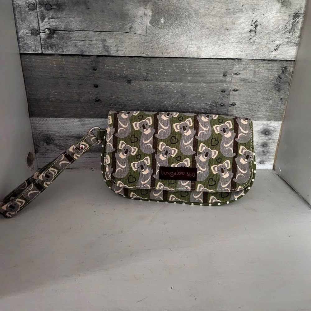 Bungalow 360 Koala Print Canvas Wristlet Green Brown Vegan Clutch Wallet